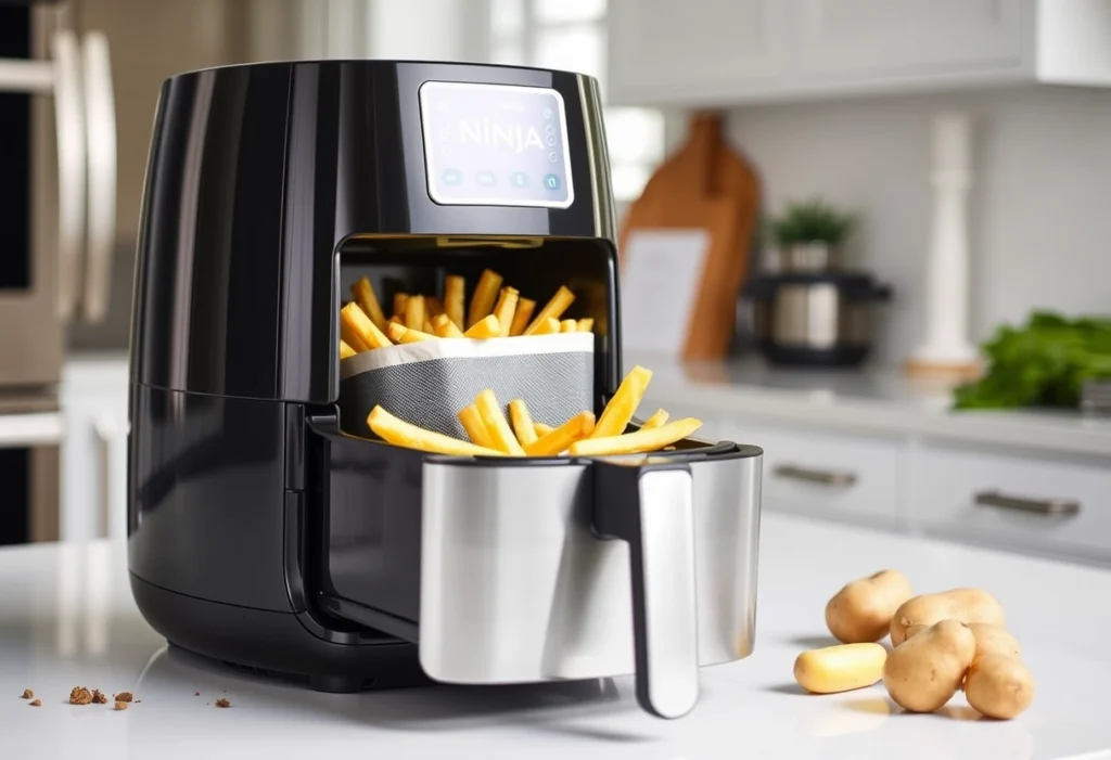 Ninja air fryer in use with crispy French fries cooking, showcasing a modern kitchen setting.