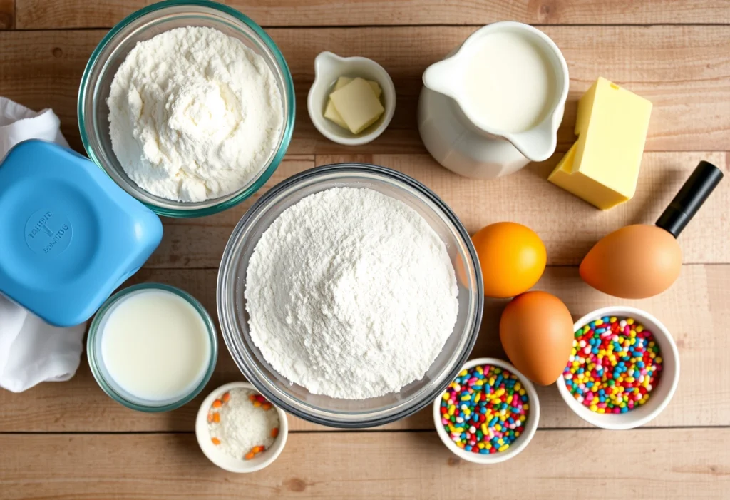 Flat-lay of ingredients for a nostalgic school cake recipe, including flour, sugar, butter, eggs, and sprinkles.