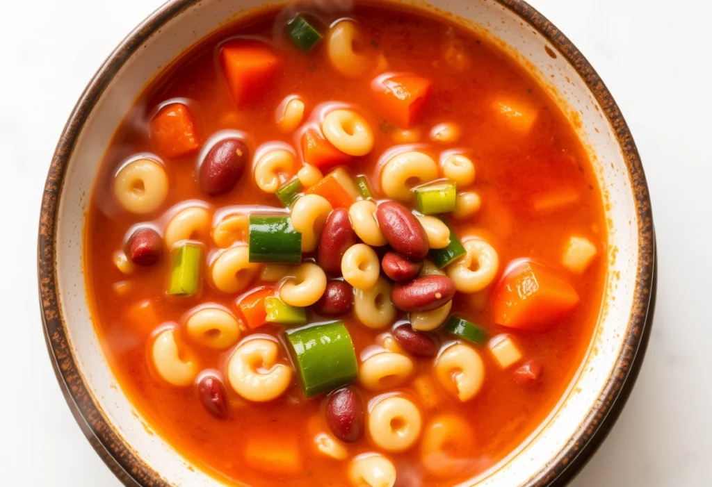 Hearty one-pot ditalini minestrone soup with vegetables and beans.