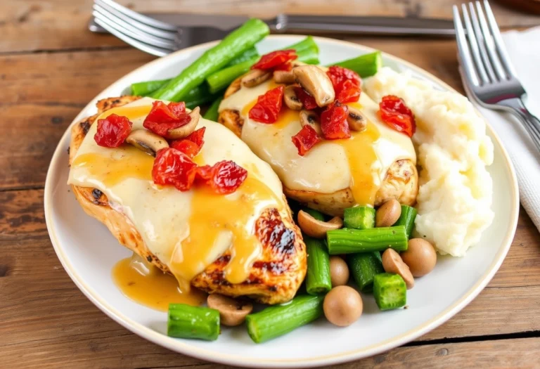 Plated Alice Springs Chicken with cheese, bacon, and mushrooms, served with steamed vegetables and mashed potatoes, alice springs chicken recipe, Yummi Haven.