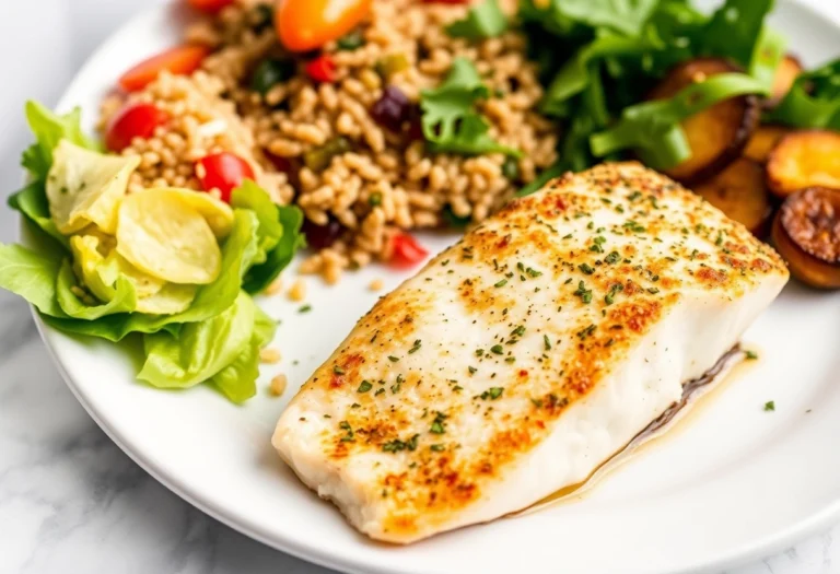 An elegant plate of baked swordfish with sides, showcasing a complete meal for culinary inspiration.