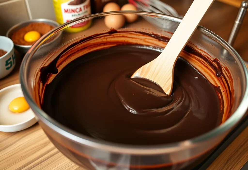 Preparing brownie batter for brookies in a mixing bowl with a spatula, essential step in brookie recipe.