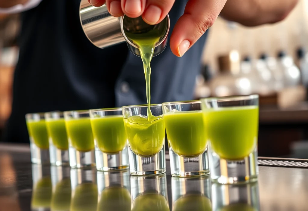 Close-up of a bartender pouring a green tea shot from a shaker into chilled shot glasses, highlighting the vibrant drink preparation, green tea shot recipe