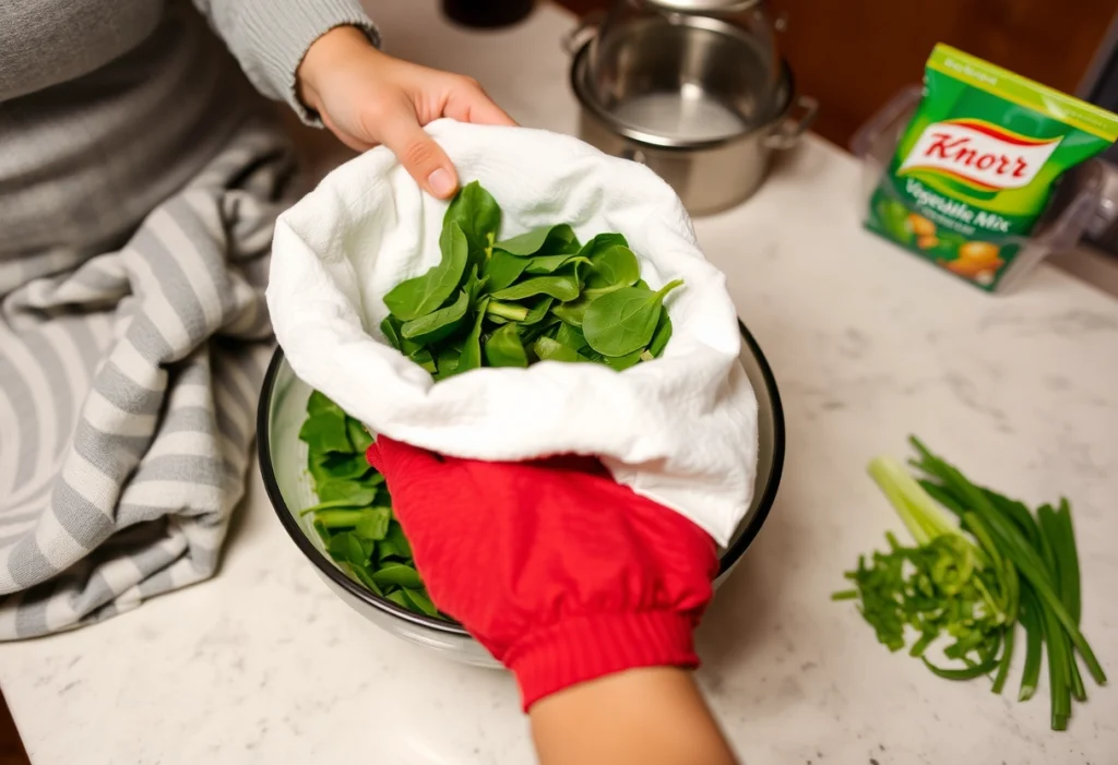 Person squeezing water from thawed spinach for Knorr Spinach Dip preparation with ingredients on a kitchen counter.