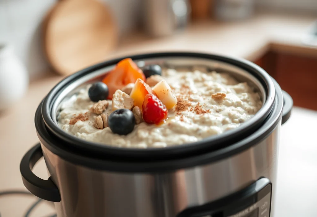 Creamy rice cooker oatmeal topped with fresh fruit, nuts, and honey for a healthy breakfast,rice cooker recipes, yummi haven, yummy haven.