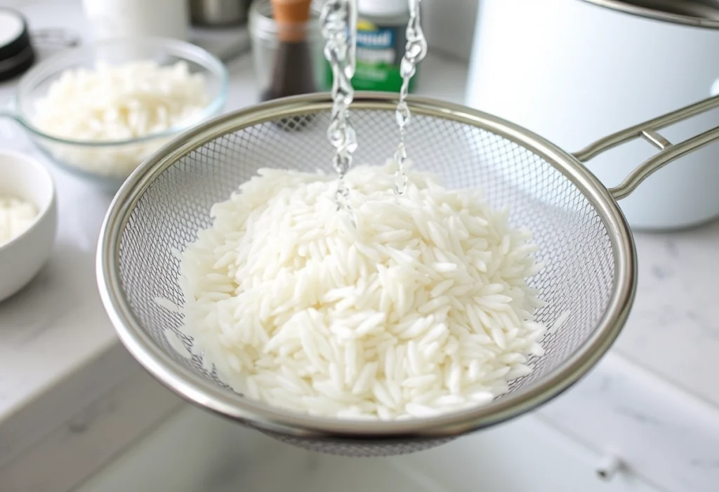 Close-up of rinsing white rice under cold water in a fine mesh strainer, preparing for rice pudding.