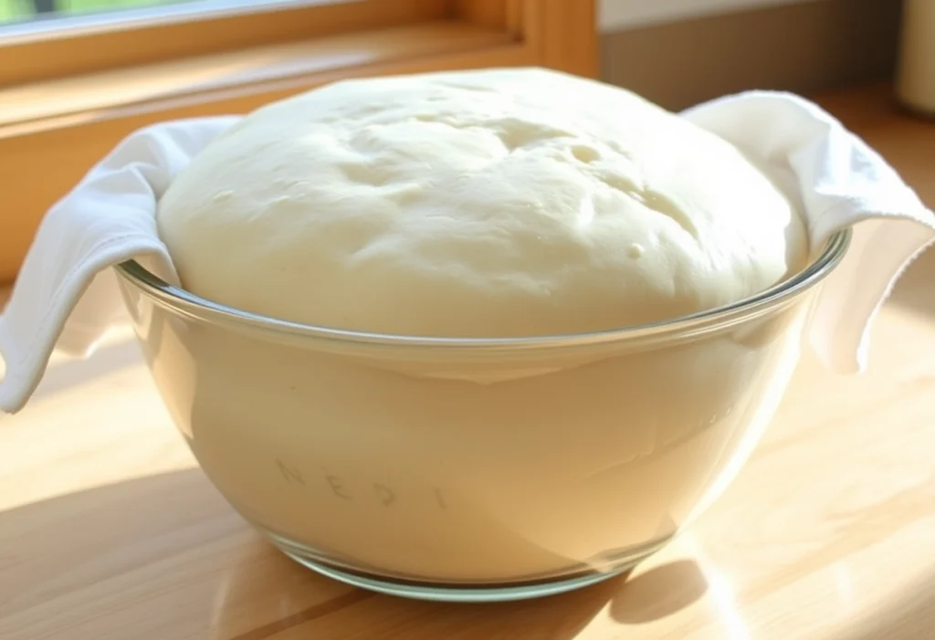 Dough rising in a bowl covered with a cloth, doubling in size for sandwich bread.