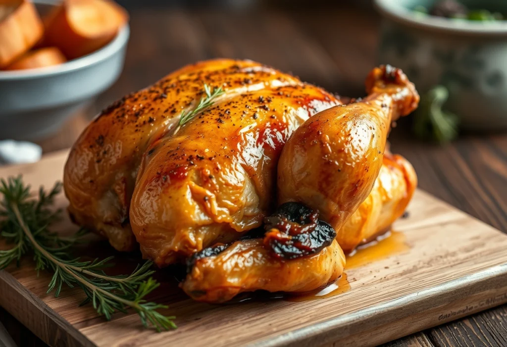 a chicken on a cutting board, roasted chicken 