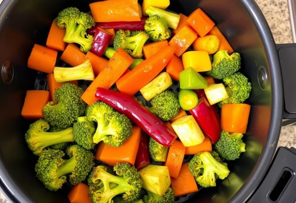 Colorful roasted vegetables in an air fryer basket, showcasing healthy cooking options.