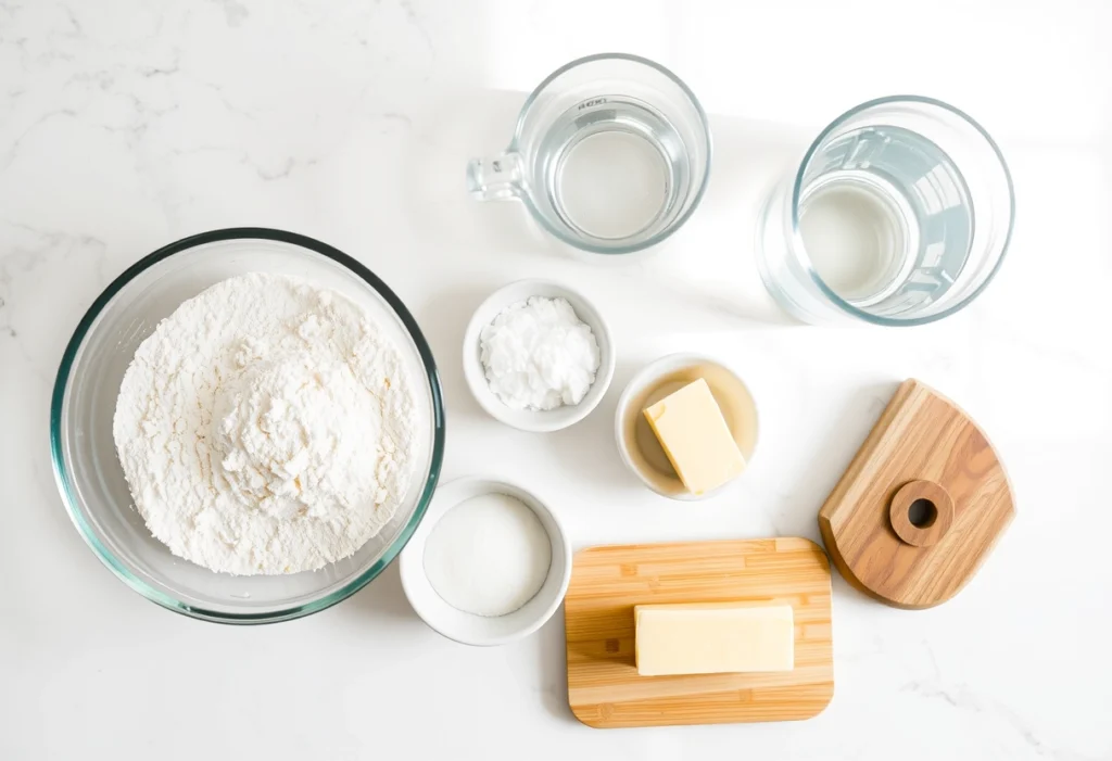 Ingredients for sandwich bread recipe including flour, yeast, sugar, salt, butter, and warm water on a kitchen counter.