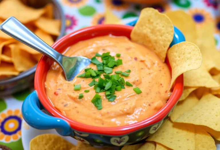 Bowl of Rotel dip served with tortilla chips, ideal for gatherings.