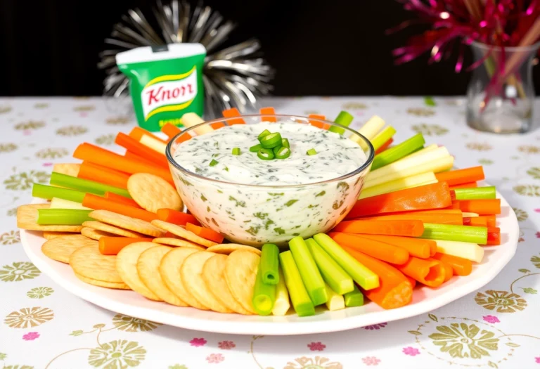 Knorr Spinach Dip served with crackers, fresh vegetables, and bread on a party platter.