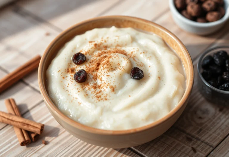 Delicious bowl of rice pudding topped with cinnamon and raisins, ready to serve for dessert, rice pudding recipe, yummi haven, yummy haven.