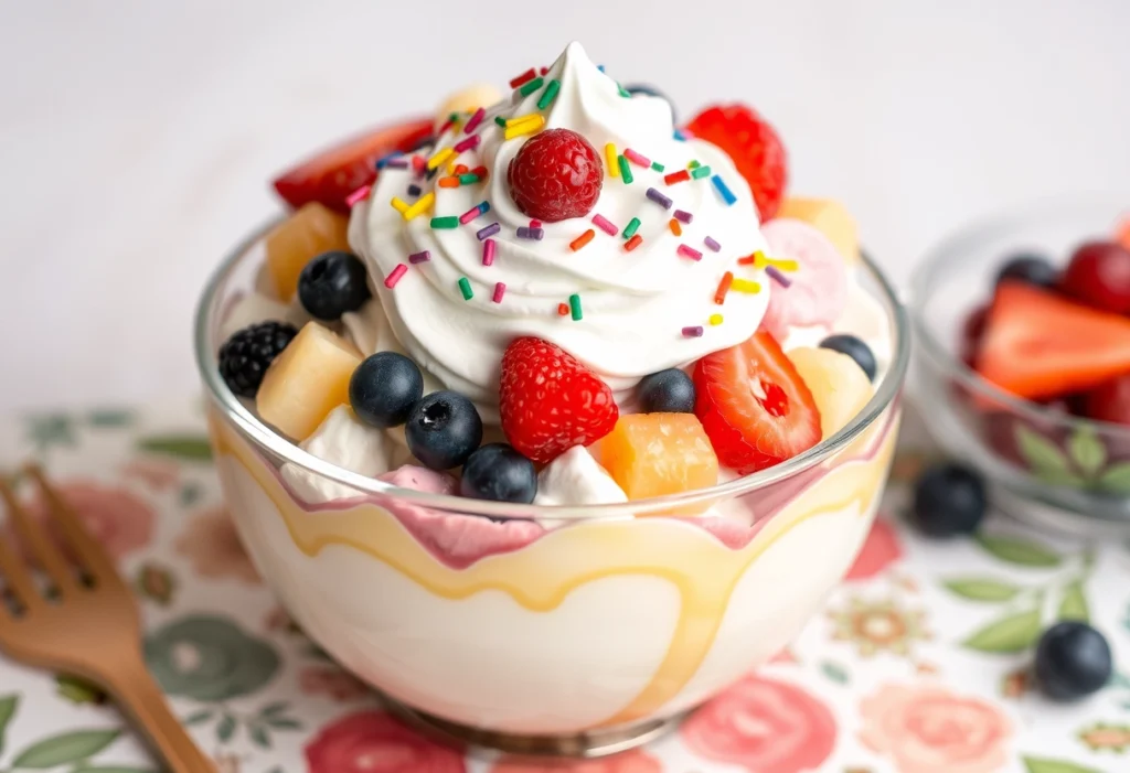 Deliciously served dope whip recipe, dessert garnished with fruits and whipped cream.