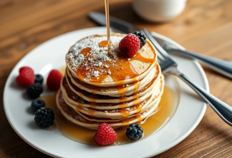 A stack of Scotch pancakes topped with syrup and berries, served on a rustic wooden table for breakfast, scotch pancake recipe, yummi haven, yummy haven.