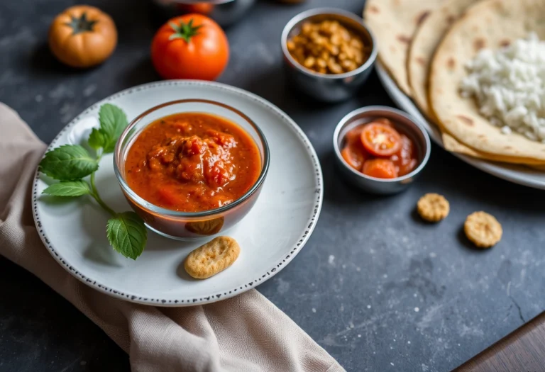 Delicious homemade tomato chutney served with rice, dosa, and parathas, tomato chutney recipe, yummi haven, yummy haven.