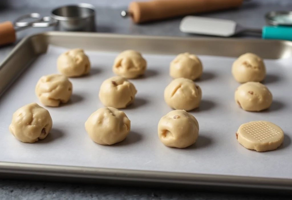 Cookie dough balls shaped and placed on a baking sheet for baking, toll house cookies recipe, yummi haven, yummy haven.