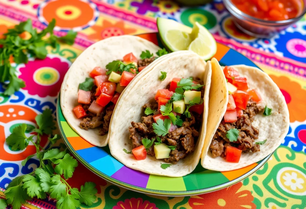 Colorful plate of simple beef tacos garnished with cilantro, tomatoes, and avocado, showcasing the joy of home cooking.