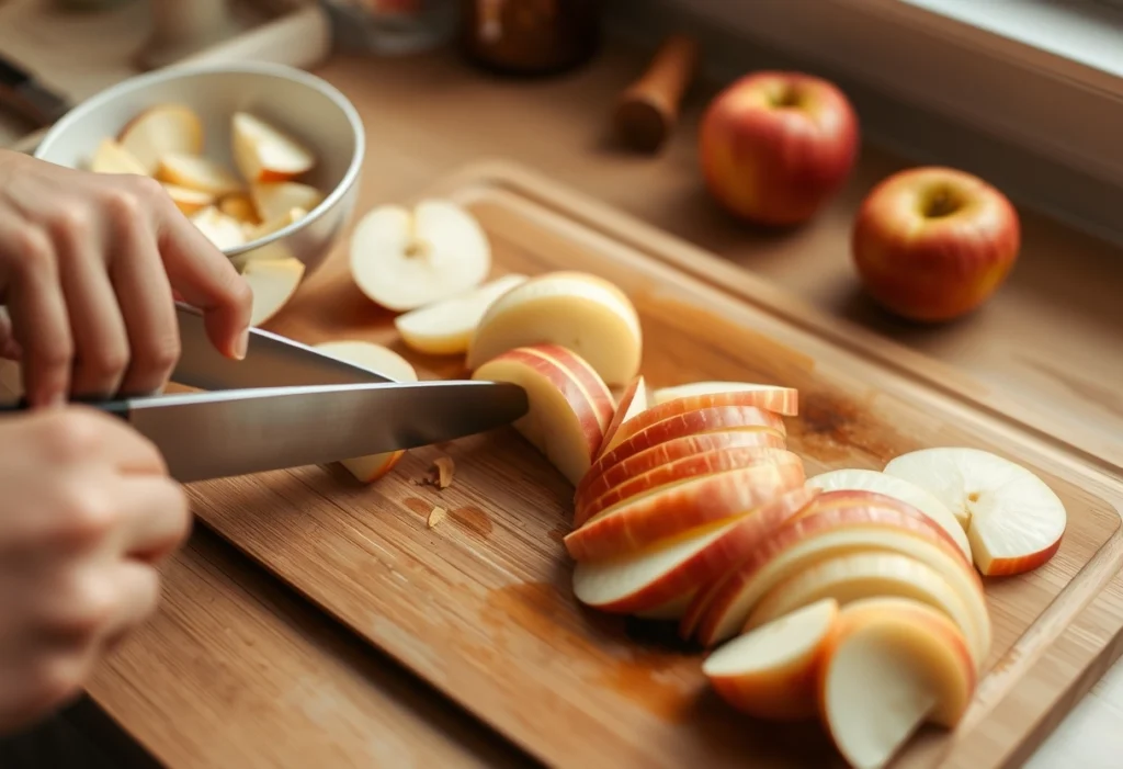 Close-up of hands slicing apples for frying on a wooden board, showing preparation for healthy fried apples recipe.