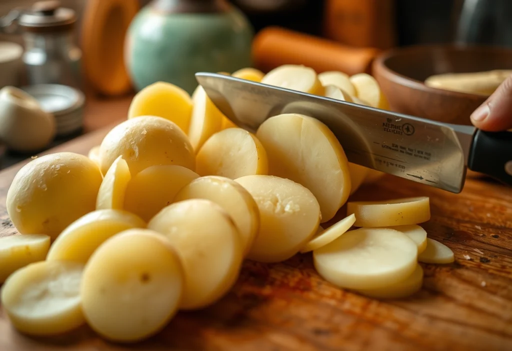 A close-up of peeled potatoes being sliced for a cheesy potatoes recipe on a cutting board, cheesy potatoes recipe, yummy haven, yummi haven.