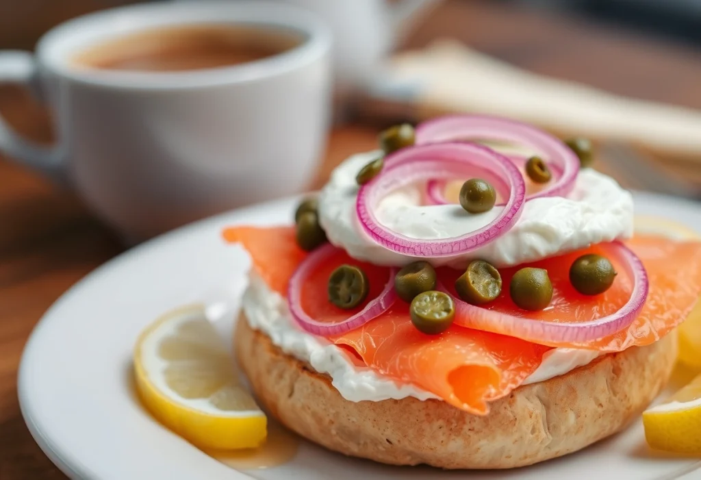 Smoked salmon bagel with cream cheese, capers, and red onion, served with a lemon wedge, perfect for breakfast or brunch.