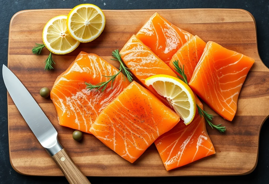 Fresh smoked salmon slices on a wooden cutting board with lemon wedges, dill, and capers, ideal for smoked salmon recipes.