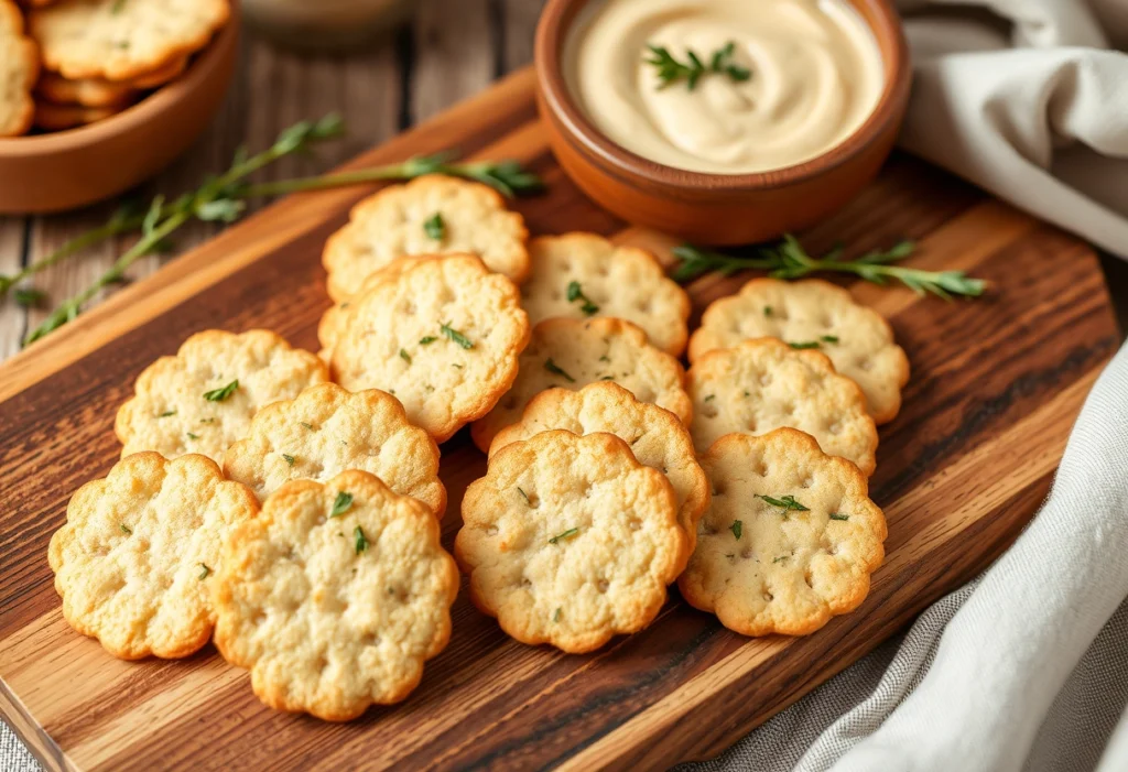 Crispy sourdough discard crackers served with a dip and garnished with herbs, Sourdough Discard Recipes, YummiHaven.