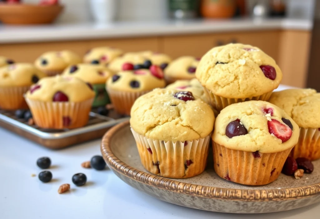 Freshly baked sourdough discard muffins with berries and nuts, served on a plate.