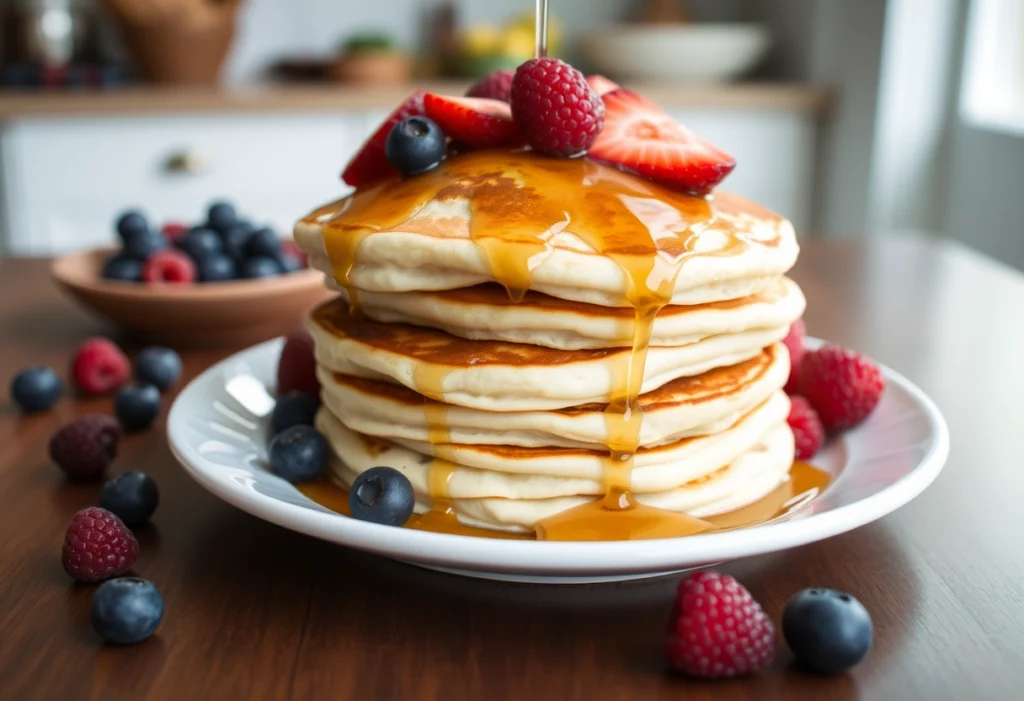 Delicious sourdough discard pancakes topped with maple syrup and berries.