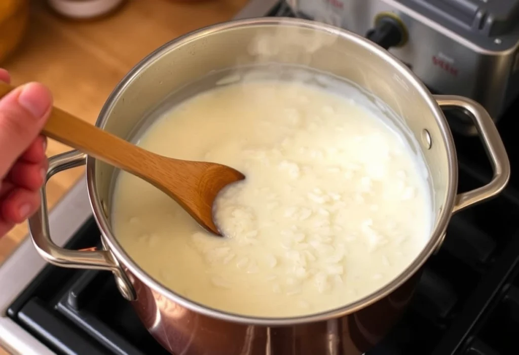 Stirring creamy rice pudding on the stove with a wooden spoon, showcasing the cooking process rice pudding recipe, yummi haven, yummy haven.