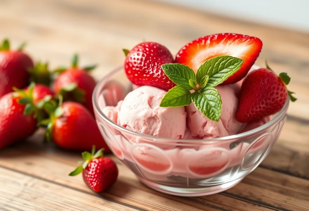 A bowl of beautifully presented strawberry ice cream topped with fresh strawberries and mint.