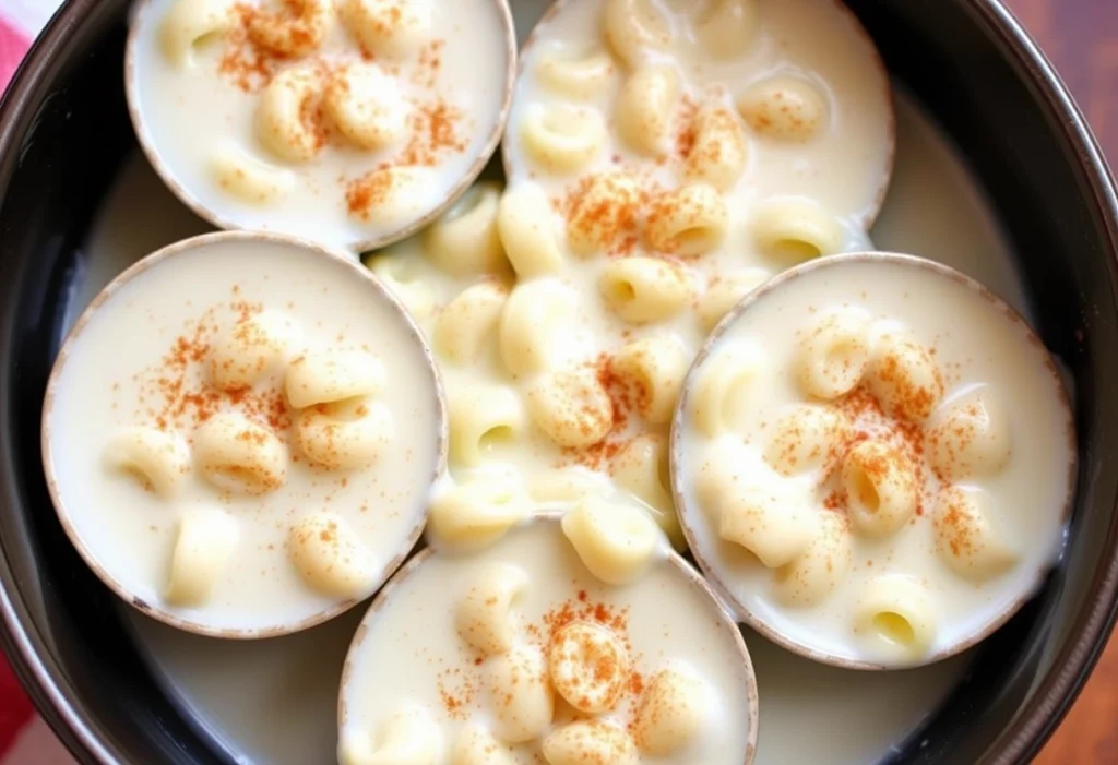 Sweet ditalini pasta pudding with cinnamon dusting for dessert.