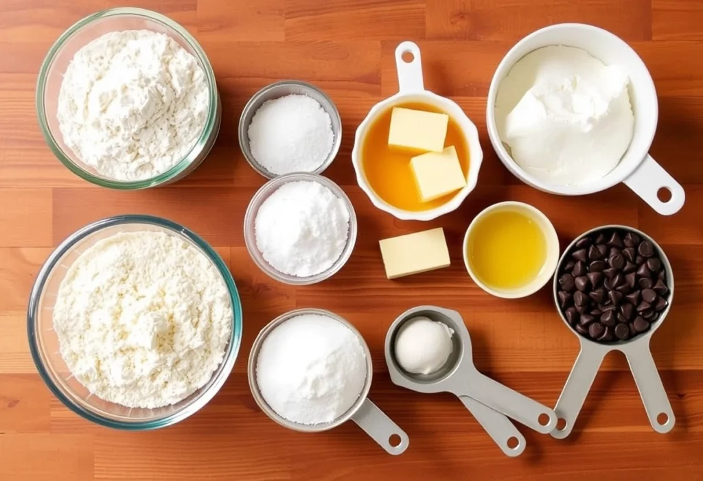 Flat lay of ingredients for Toll House cookie recipe, including flour, sugar, butter, eggs, and chocolate chips, toll house cookies recipe, yummi haven, yummy haven.