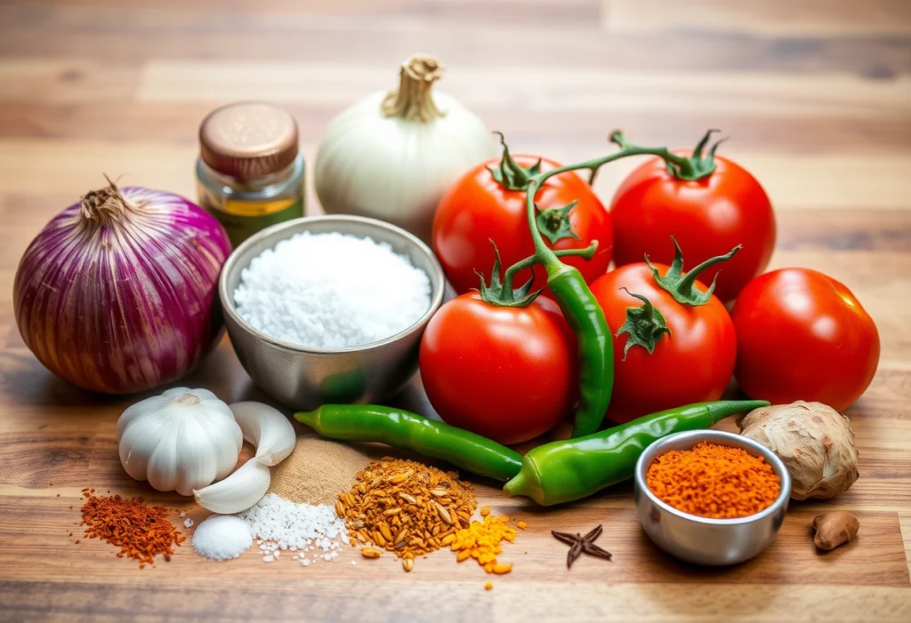 Fresh ingredients for homemade tomato chutney including tomatoes, onion, garlic, chilies, and spices, tomato chutney recipe, yummi haven, yummy haven.