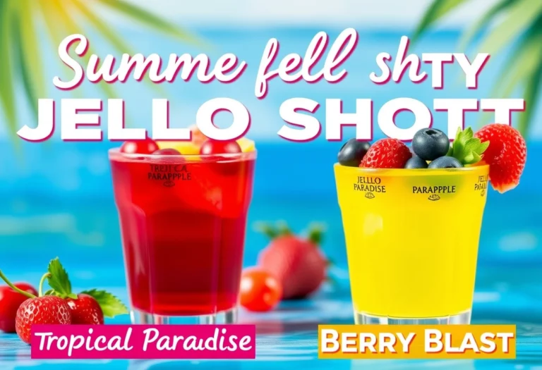 Artistic close-up of Tropical Paradise and Berry Blast jello shots, showcasing fresh fruit garnishes for a summer party.