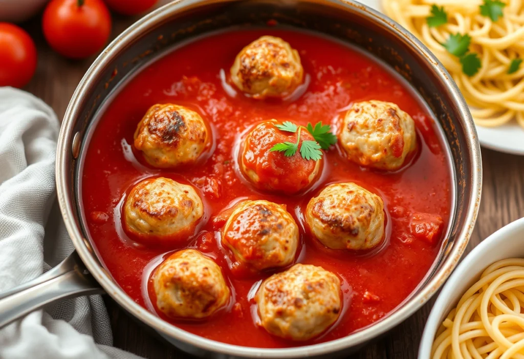 Turkey meatballs in tomato sauce served in a skillet, garnished with parsley, perfect for a comforting meal.