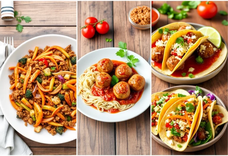 A collage of delicious turkey mince recipes including stir fry, meatballs in tomato sauce, and tacos, perfect for beginners. Yummi Haven.