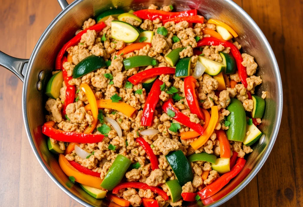 A delicious turkey mince stir fry with vegetables including bell peppers and zucchini, served in a frying pan.