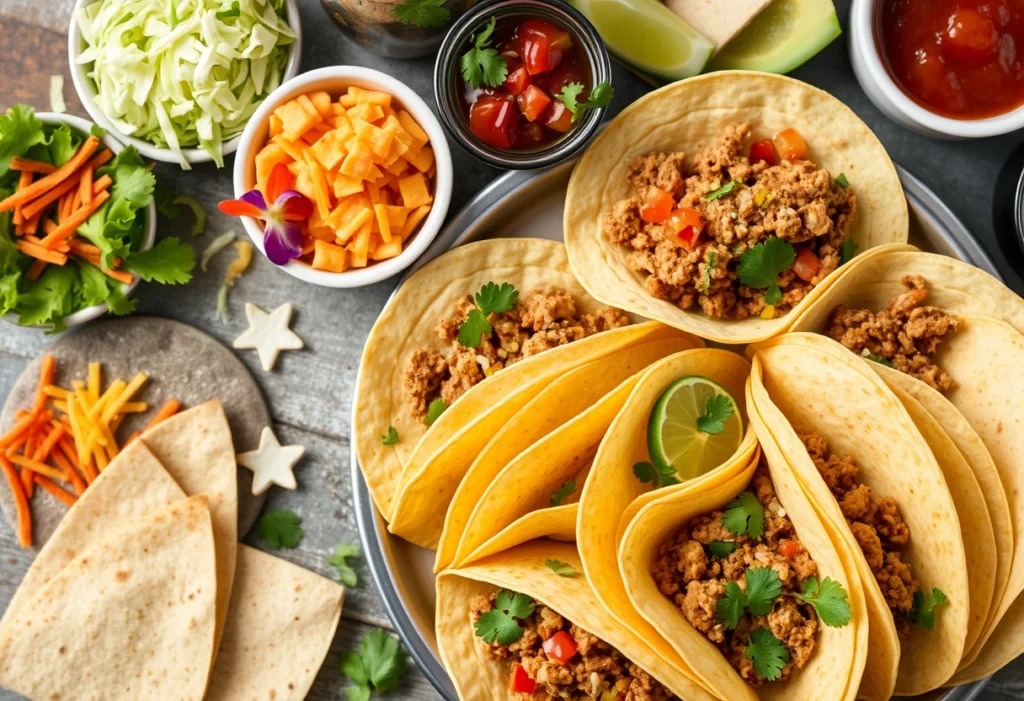 A colorful platter of turkey mince tacos with various toppings, perfect for a fun meal with friends and family.