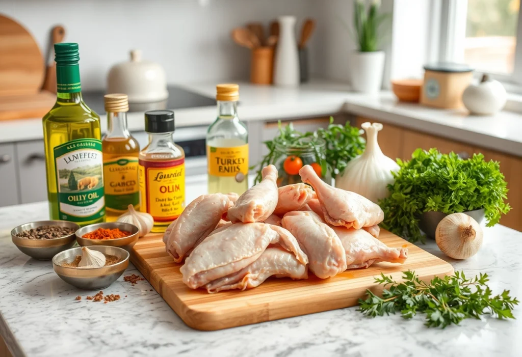 Essential ingredients for turkey wings preparation, including spices and fresh herbs on a kitchen countertop, turkey wings recipes, yummi haven.