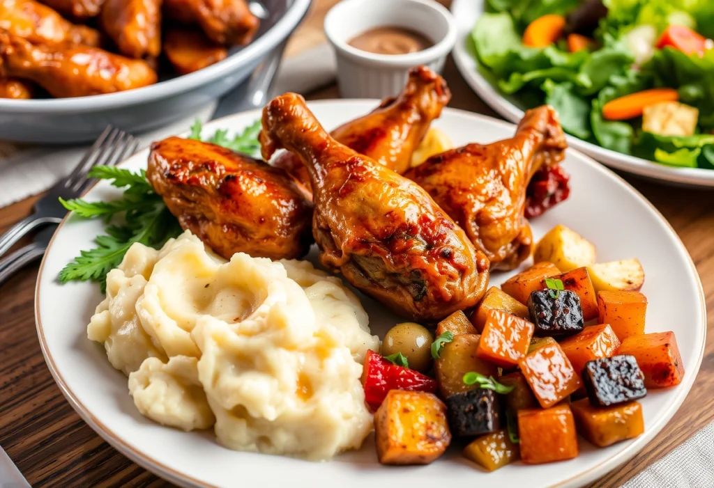 A delicious serving of slow-cooked turkey wings with mashed potatoes and roasted vegetables, ideal for family meals, turkey wings recipes, yummi haven.